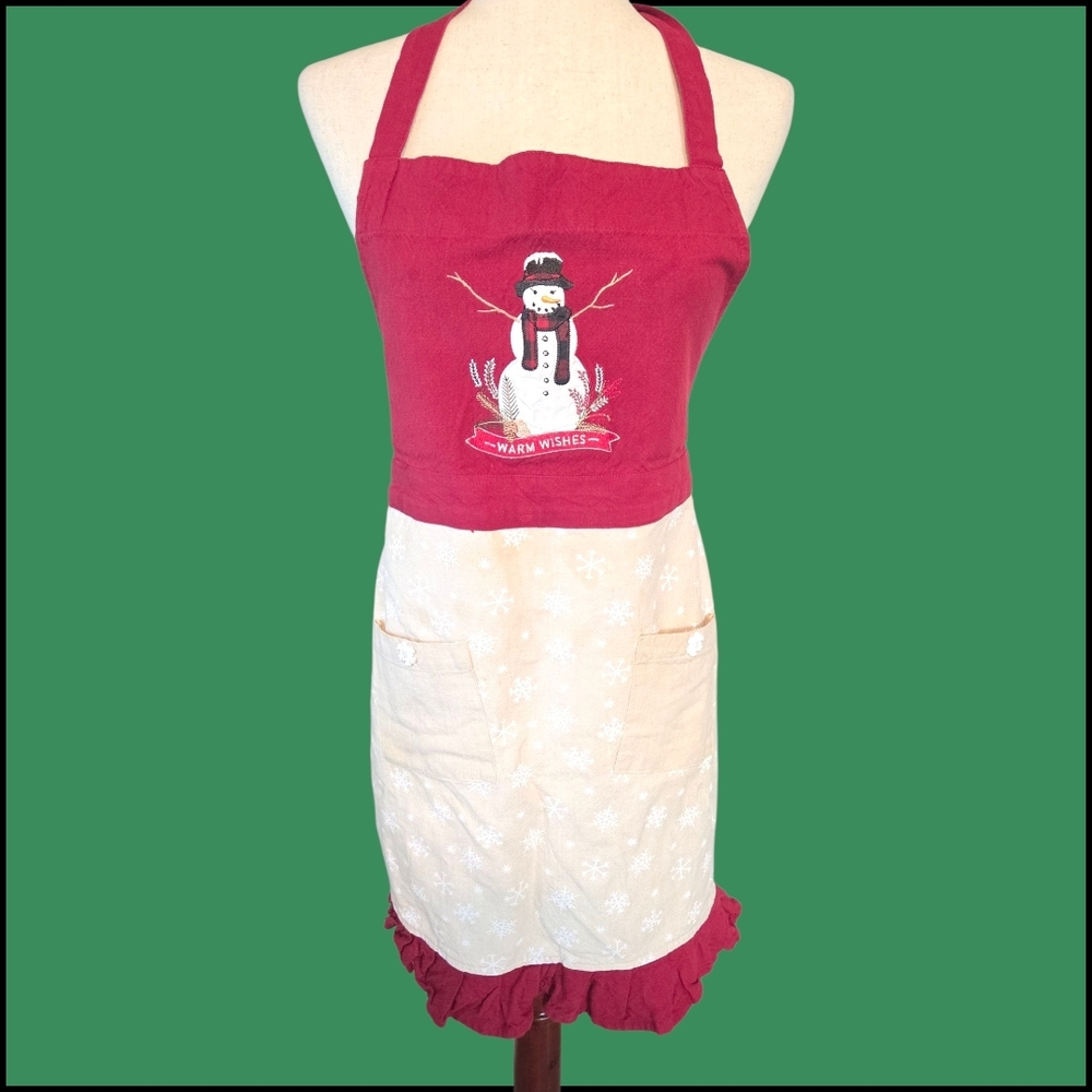 ST. Nicolas Snowman Christmas Apron Red Cream Cotton Holiday Kitchen Ruffle